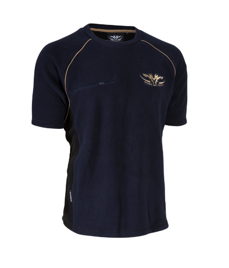 Navy Blue Hunting and Outdoors Fleece Tee with Gold accents and zip chest pocket