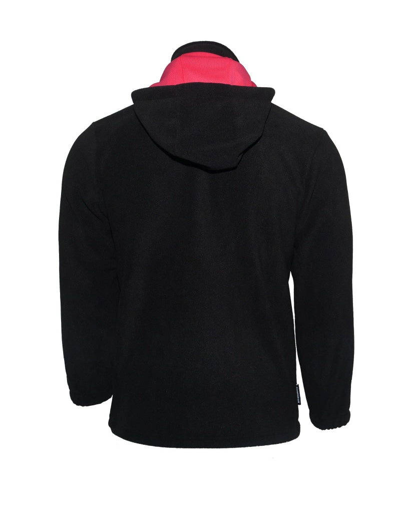 Kids Black fleece hoodie with pink lined hood and zip pockets