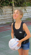 Load image into Gallery viewer, Girl wearing lightweight black quick dry singlet holding netball
